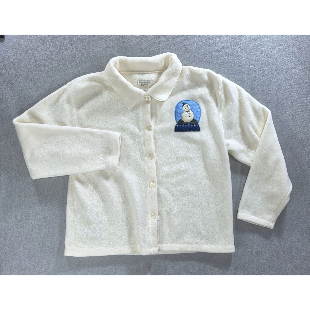 Vintage Christopher & Banks Grandmacore Snowman Fleece Jacket XL Cream Winter